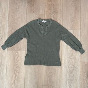 LOFT 100% Cotton Knit Olive Green Sweater, Notched V-Neck, 3/4 Sleeve